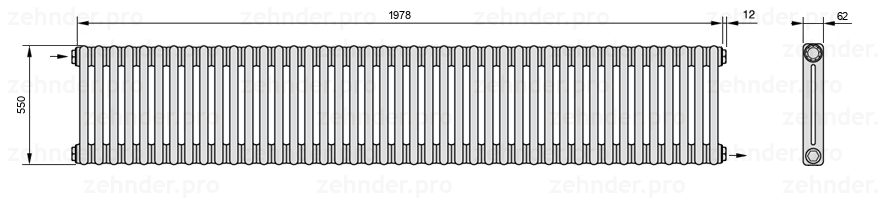 Схема (чертеж) Радиатор Zehnder Charleston 2055/43 №1670 Белый глянцевый RAL 9016